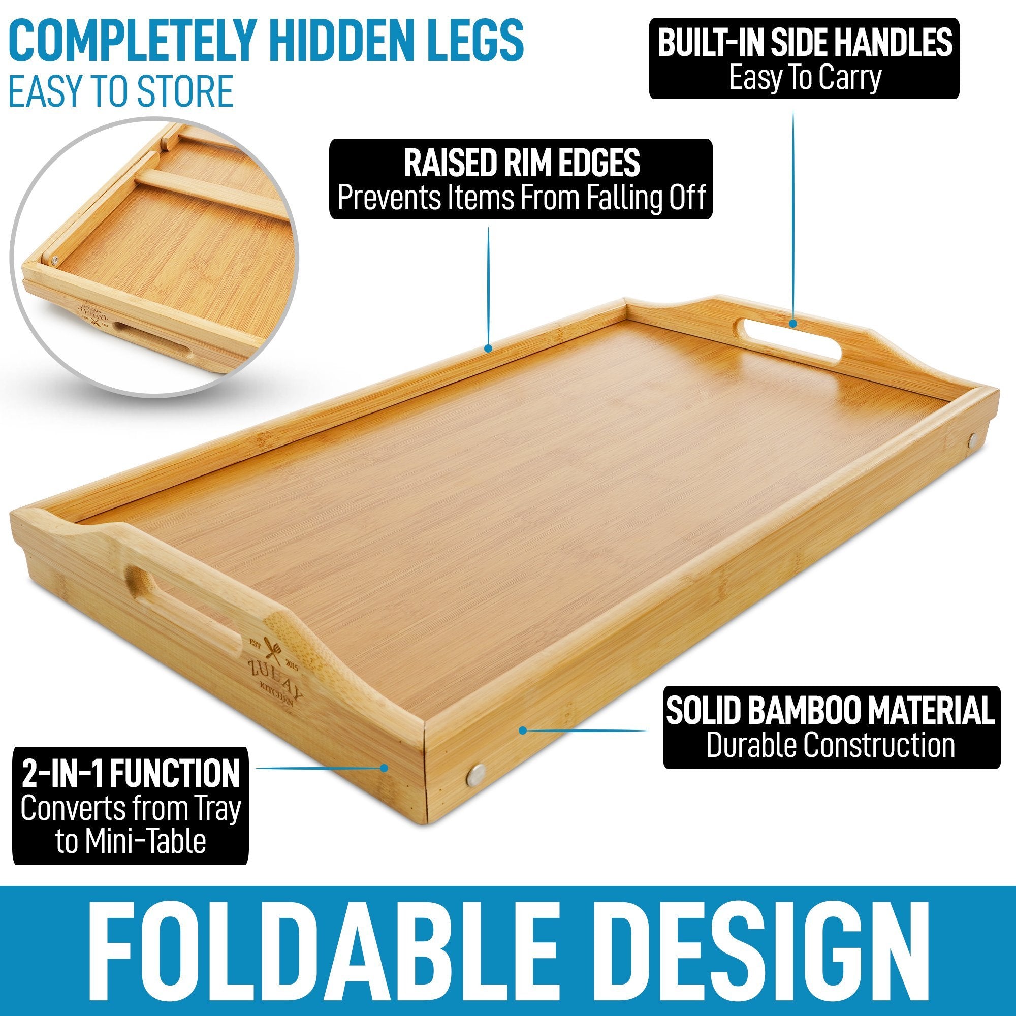 Zulay Kitchen Bamboo Bed Tray Table with Folding Legs and Handles