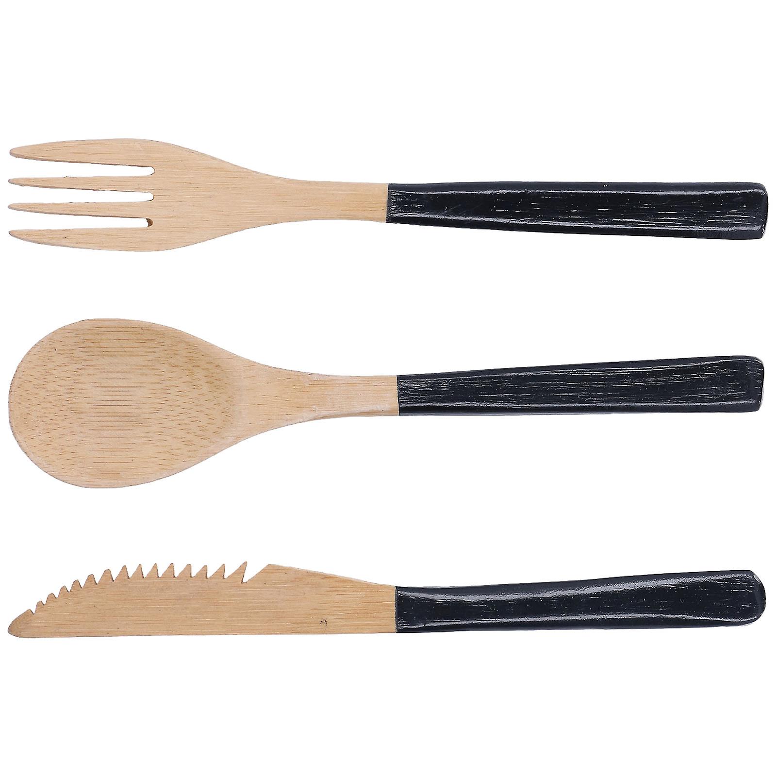 3pcs Japanese Wooden Cutlery Set Safe Bpa Free Wooden Cutlery Spoons Forks Knives For Kitchenblack