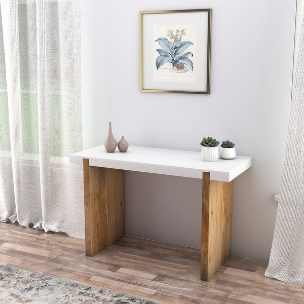 Kerry 48 Inch Rectangular Mango Wood Console Table， Sled Base， Glossy White， Natural Brown