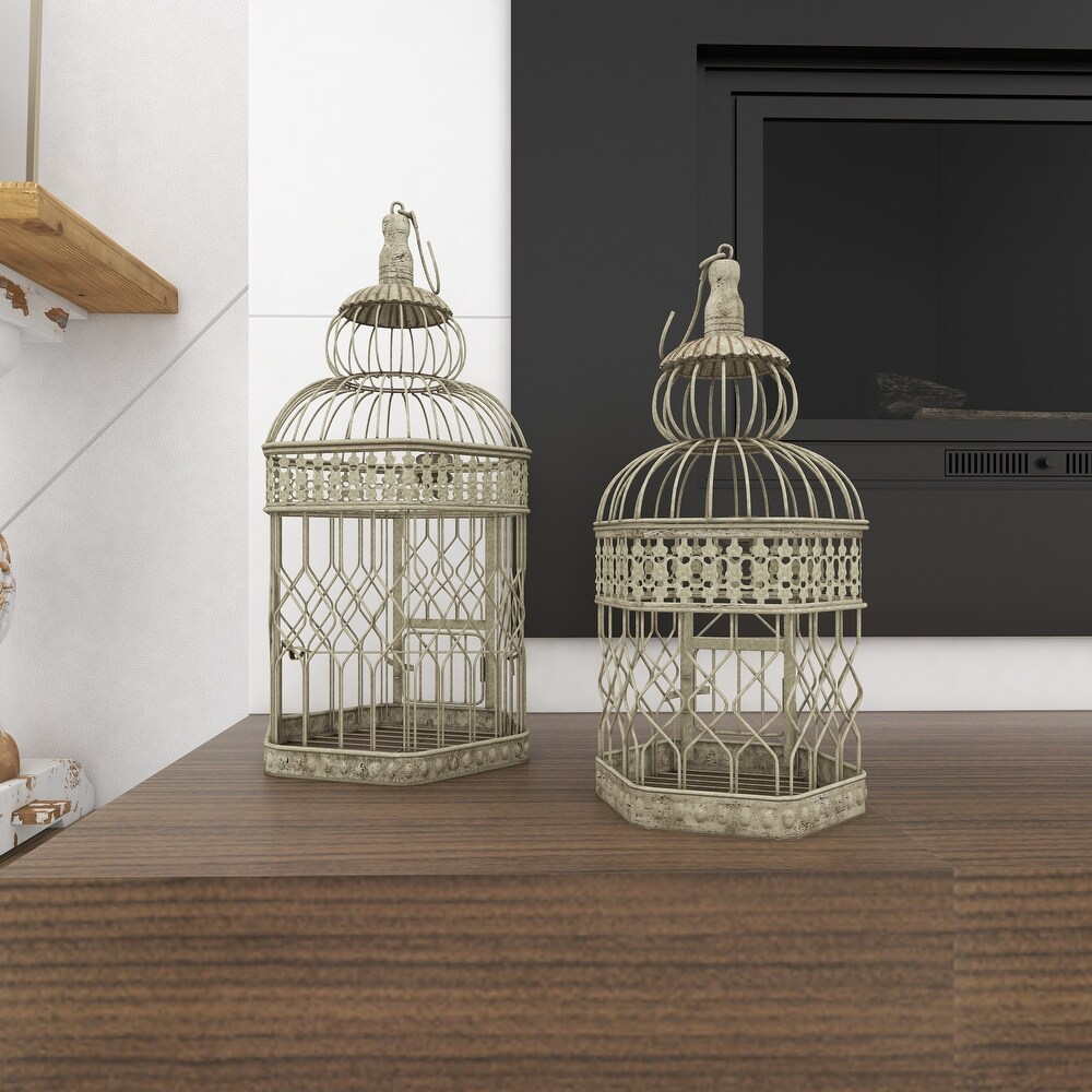 Cream Metal Vintage Birdcage with Latch Lock Closure and Hanging Hook (Set of 2)   10 x 10 x 21