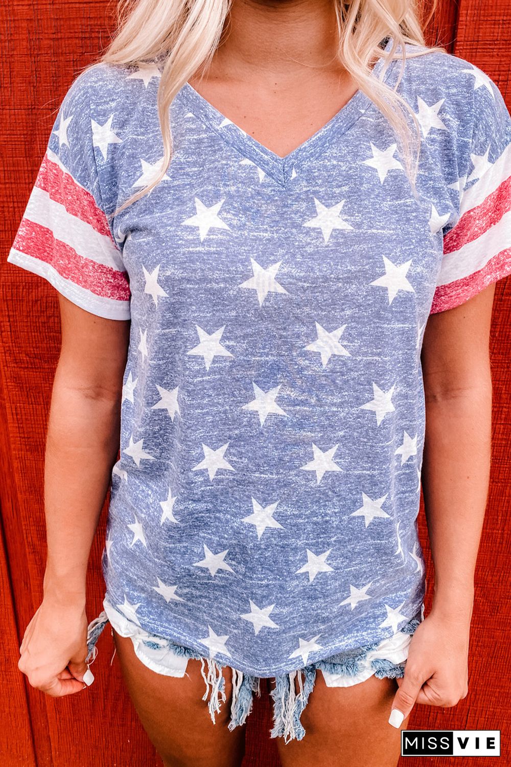 Blue Striped Sleeve Stars Print V Neck Tee