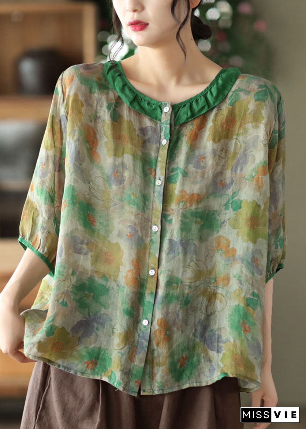 Simple Green O Neck Patchwork Print Linen Shirt Tops Half Sleeve