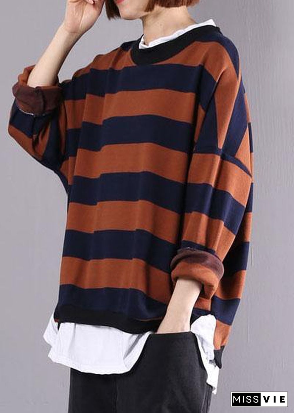 Women khaki striped cotton tunics for women false two pieces daily autumn shirt