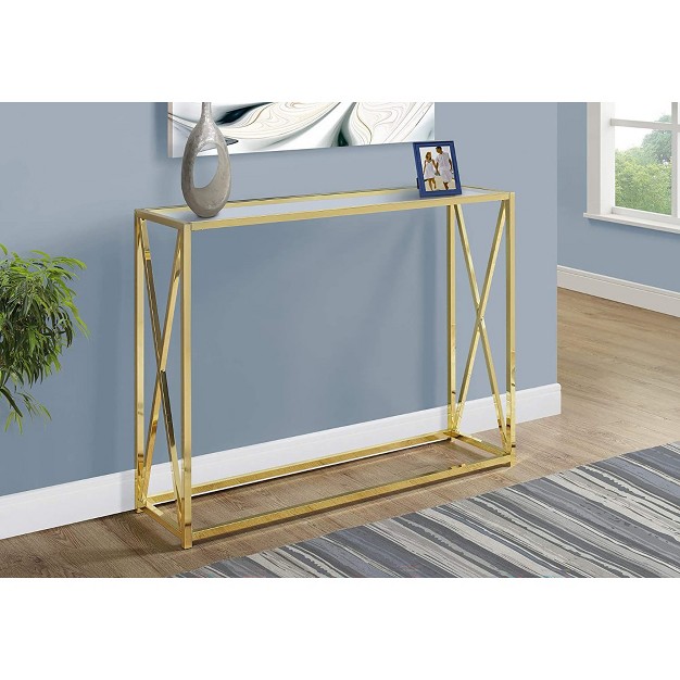 Monarch Specialties 42 25 Inch Modern Chic Glass Top Metal Frame Console Accent Table With Criss cross Legs For Living Rooms And Offices Gold