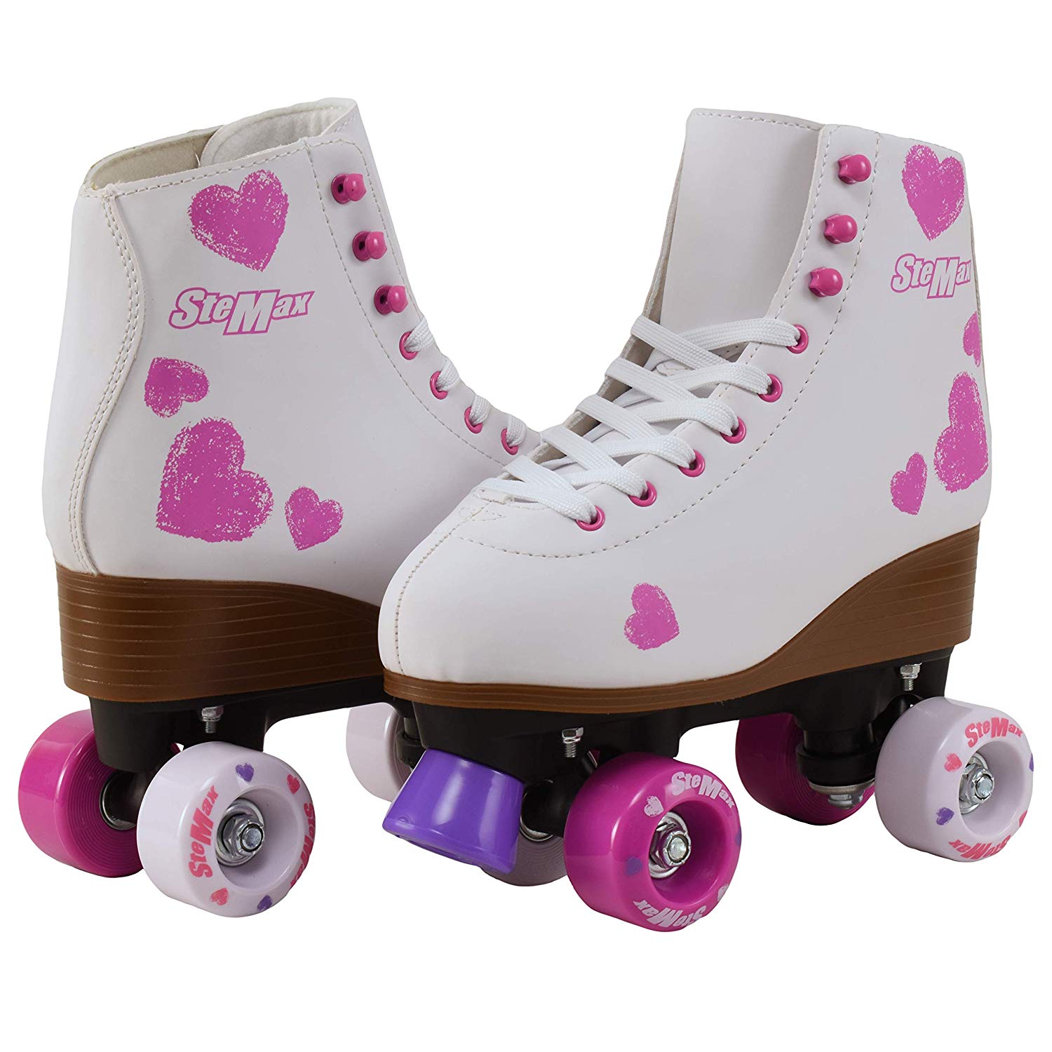 Quad Roller Skates for Girls and Women size 6.5 Youth White and pink Heart Outdoor Indoor and Rink Skating Classic Hightop Fashionable Design