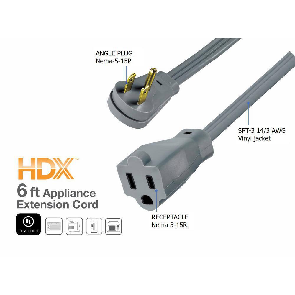 HDX 6 ft. 143 15 Amp Air ConditionerAppliance Extension Cord Grey HD#277-711