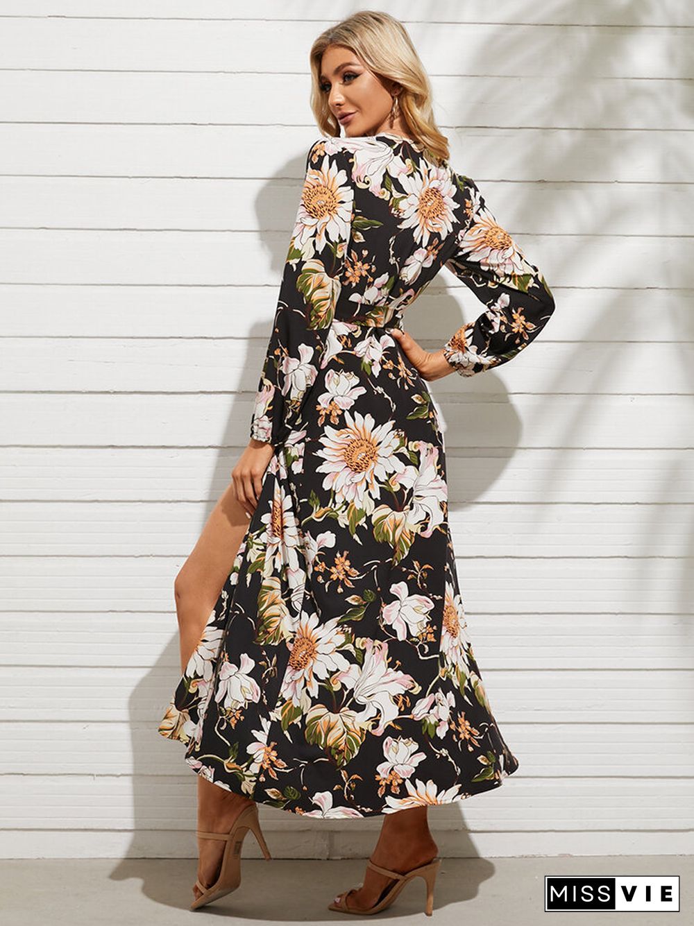 Flower Print Belt Split Long Sleeve V-neck Maxi Dress