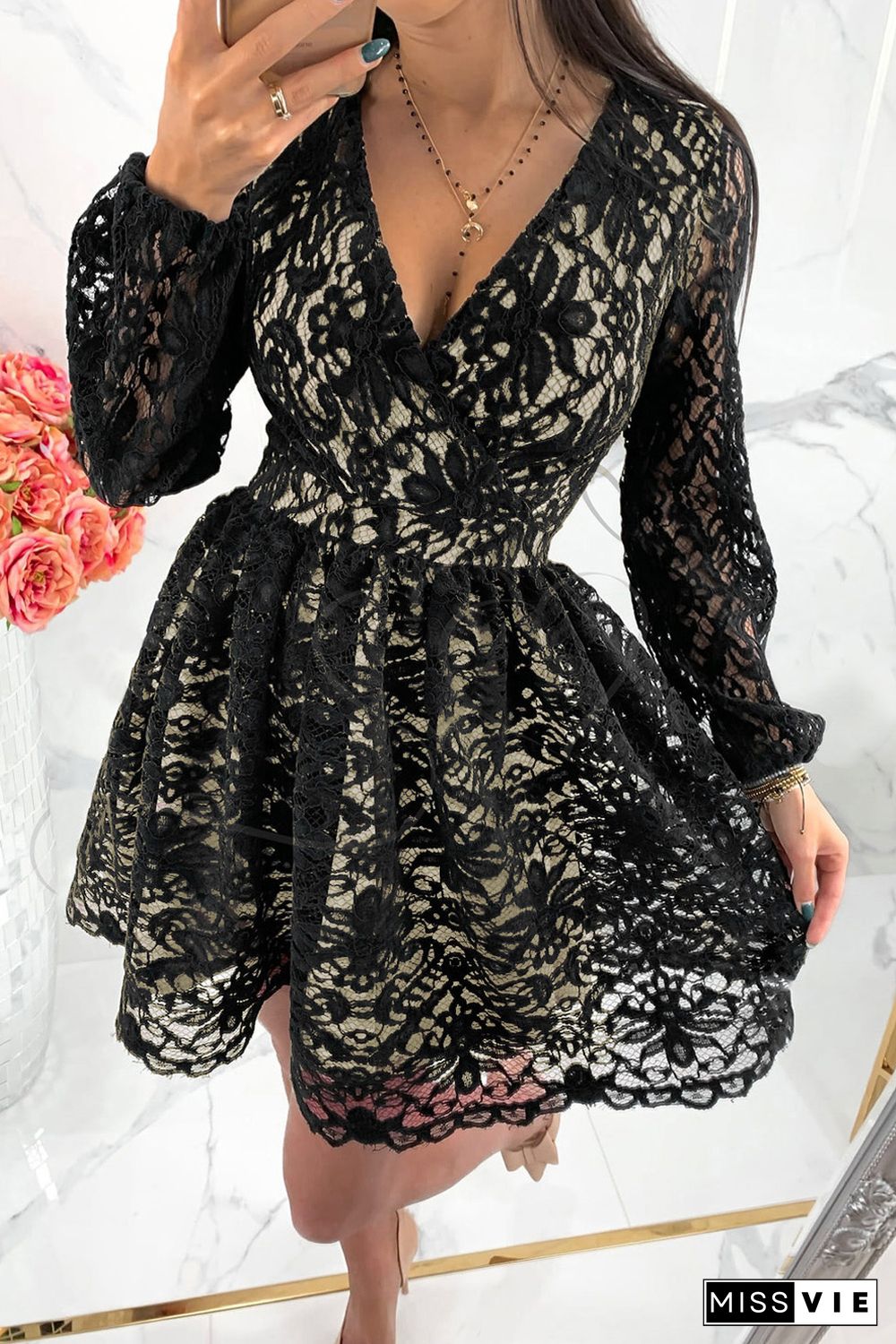 Black V Neck Lace Skater Mini Dress