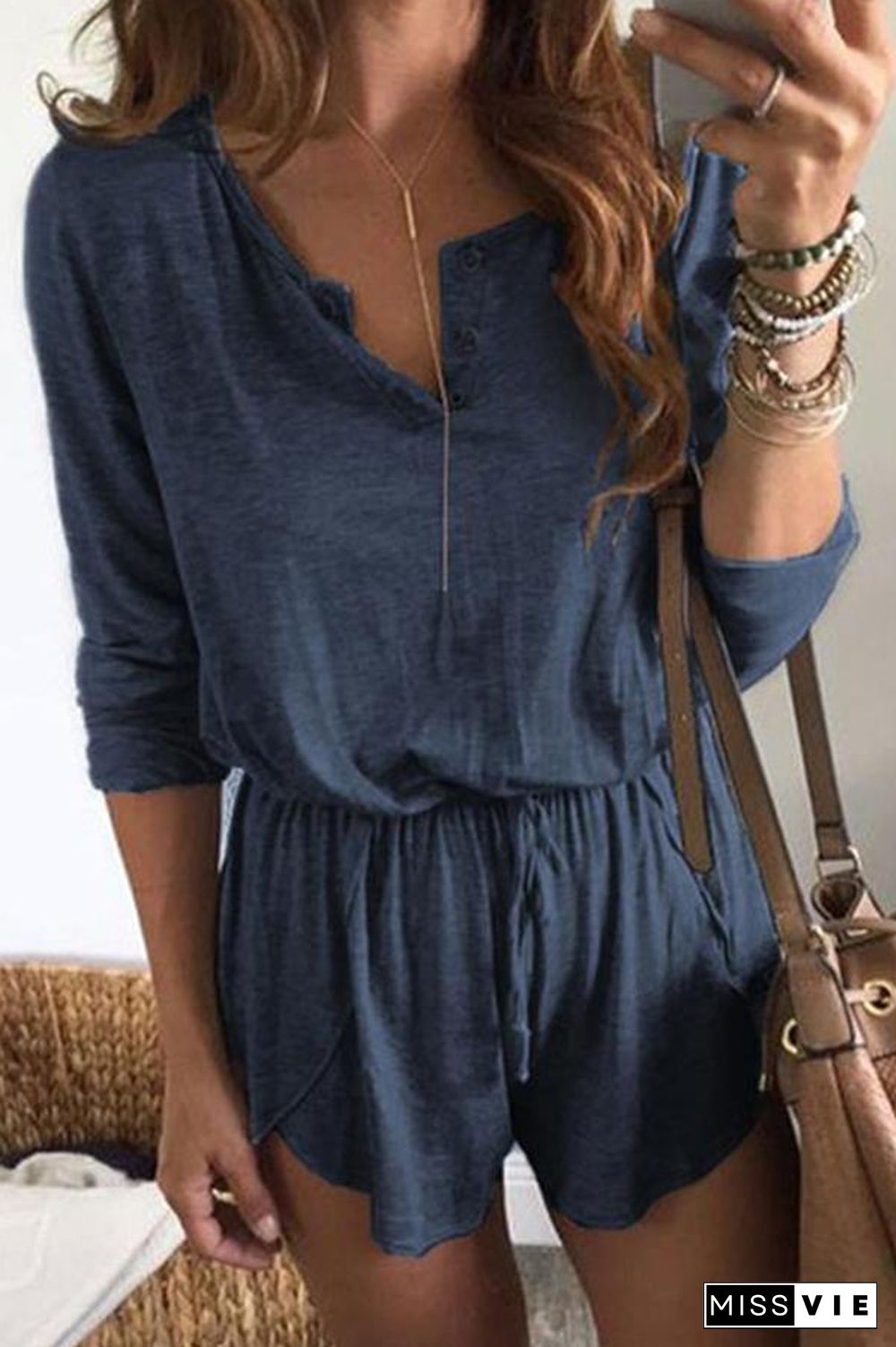 Solid Color Long Sleeve Tie Waist Romper P15011