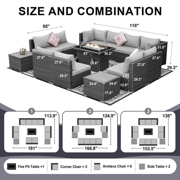 Nicesoul Outdoor Grey Wicker Sectional Furniture Patio Sofa Set with Firepit Table