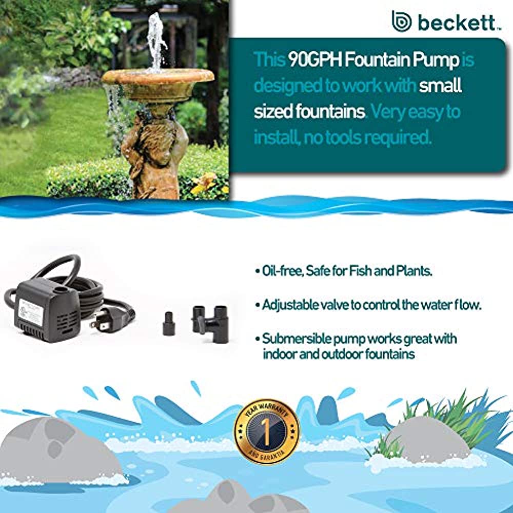 Beckett Corporation 90 GPH Submersible Fountain Pump - Water Pump for Small Indoor/Outdoor Ponds， Fountains， Water Gardens， Aquariums， and Waterfalls， 2.6' Max Fountain Height， Black