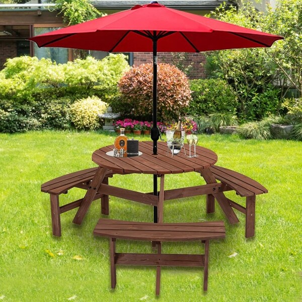 6Person Circular Outdoor Wooden Picnic Table Set