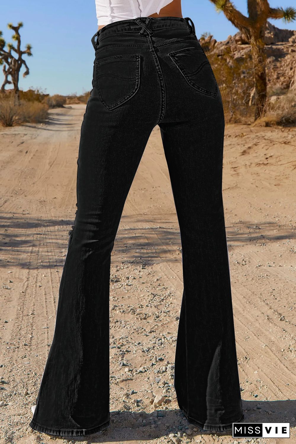 Black Ripped Slit Legs Flare Jeans