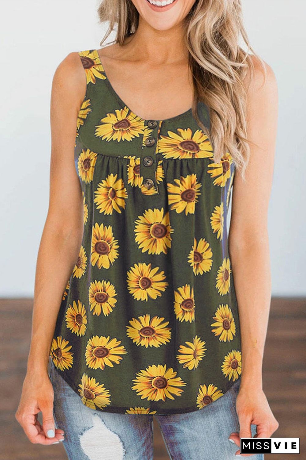 Army Green Sunflower Printed Loose Vest Tank Top