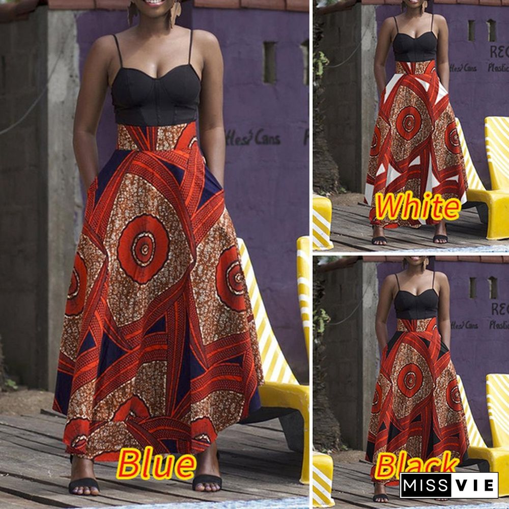 Women's Fashion Long Skirt Dress Geometric Print Casual High Waist Elastic Swing Umbrella Skirts Plus Size