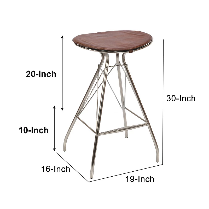 30 Inch Metal Frame Bar Stool， Round Genuine Leather Seat， Dark Brown， Silver