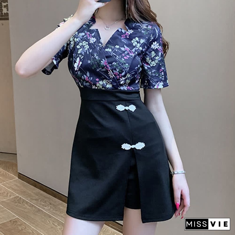 Floral Print V-neck T-shirt Buckle Split Skirt Two Pieces Set