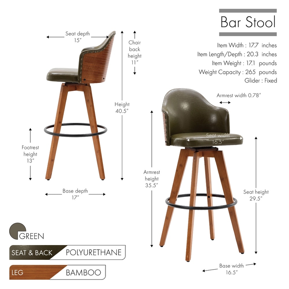 Porthos Home Idan Swivel Bar Stool  PU Leather Upholstery  Bamboo Legs