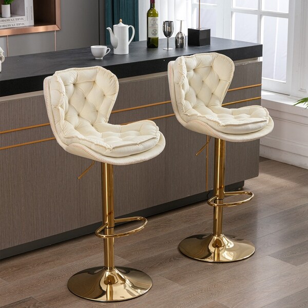 Swivel Height Adjustable Velvet Bar Stools with Chrome Footrest，Set of 2