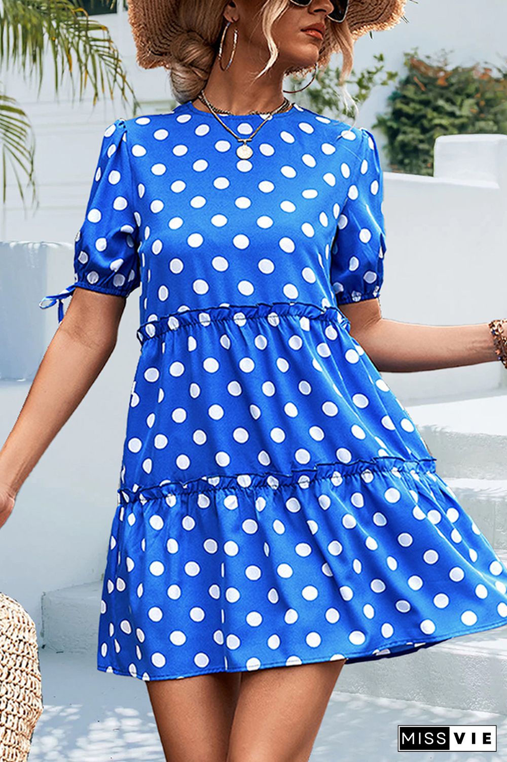 Polkadot Short Sleeves Splicing Ruffle Dress