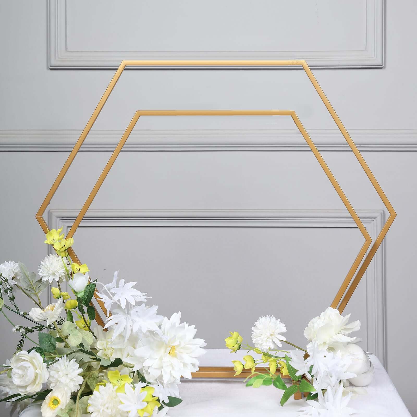 Gold Metal Hexagon Table Wedding Arch Centerpiece Stand, Geometric Self Standing Flower Balloon Frame 24