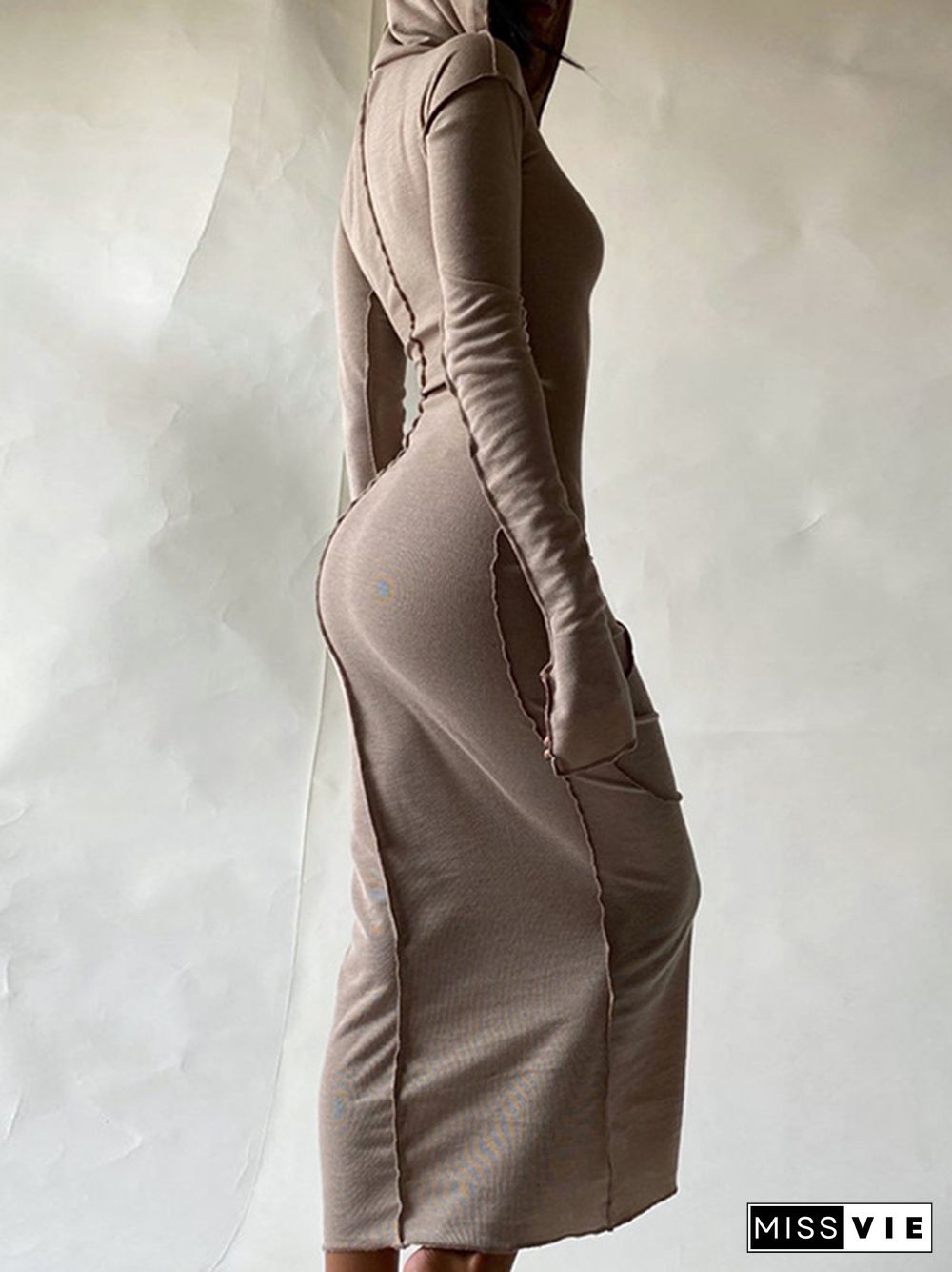 Long Sleeves Plus Size Solid Color Split-Joint Hooded Maxi Dresses