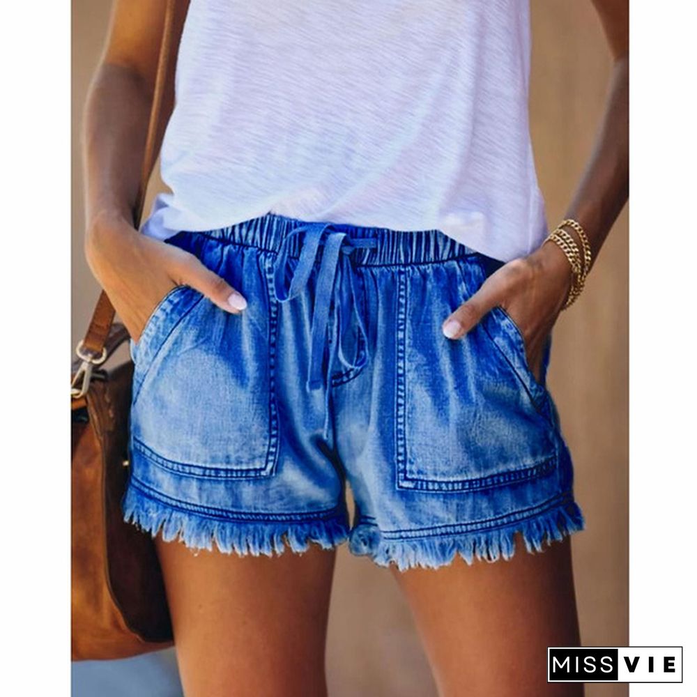 Women Summer Thin Denim Shorts Drawstring Waist Jeans Tassel Short Pants Ladies Beach Shorts