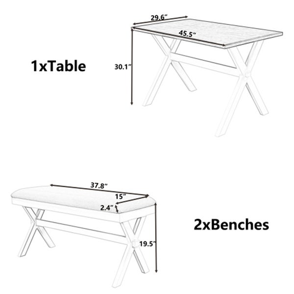 3 Pieces Rustic Wood Kitchen Dining Table Set w/ 2 Upholstered Benches