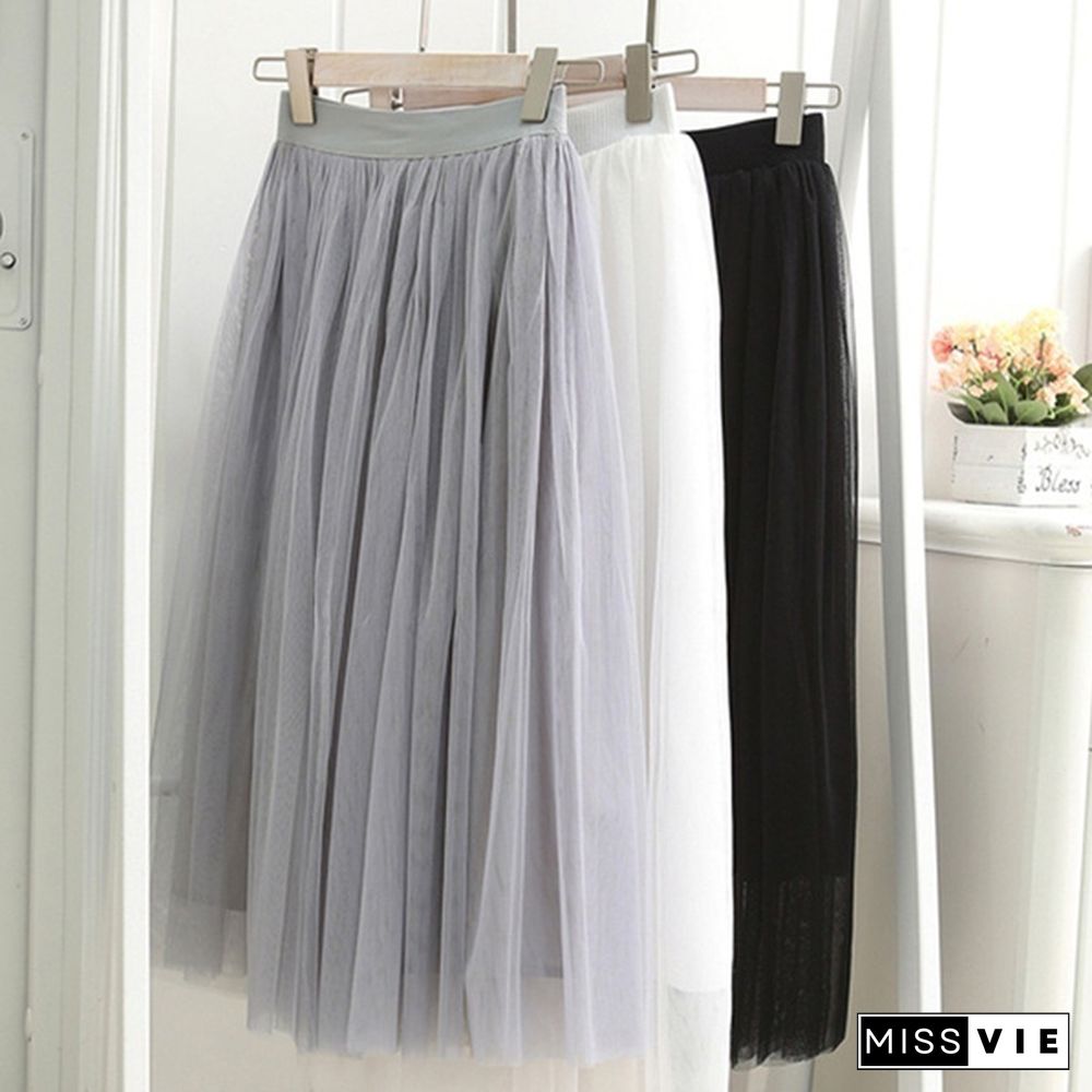 Three-Layer Fashion Tulle Skirts Women Summer Elastic High Waist Long Mesh Skirt Tutu Maxi Pleated Skirt