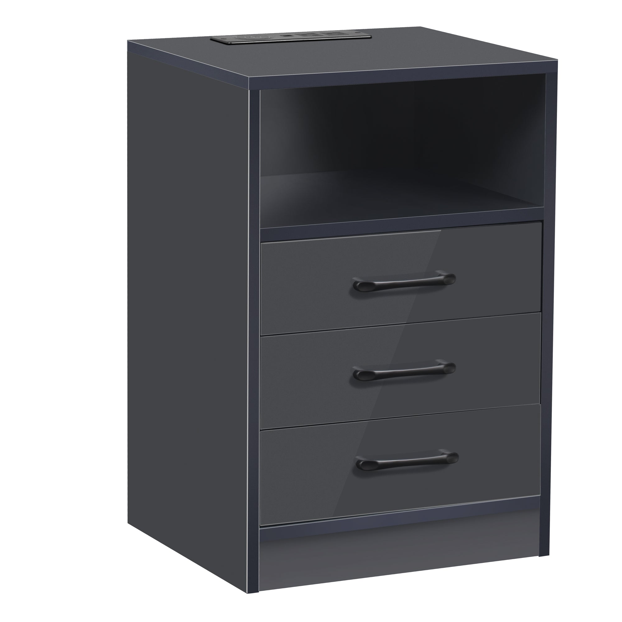 Docooler Nightstand with 3 Drawers and Cabinet,USB Charging Ports, Wireless Charging and Remote Control LED Light-Dark Gray