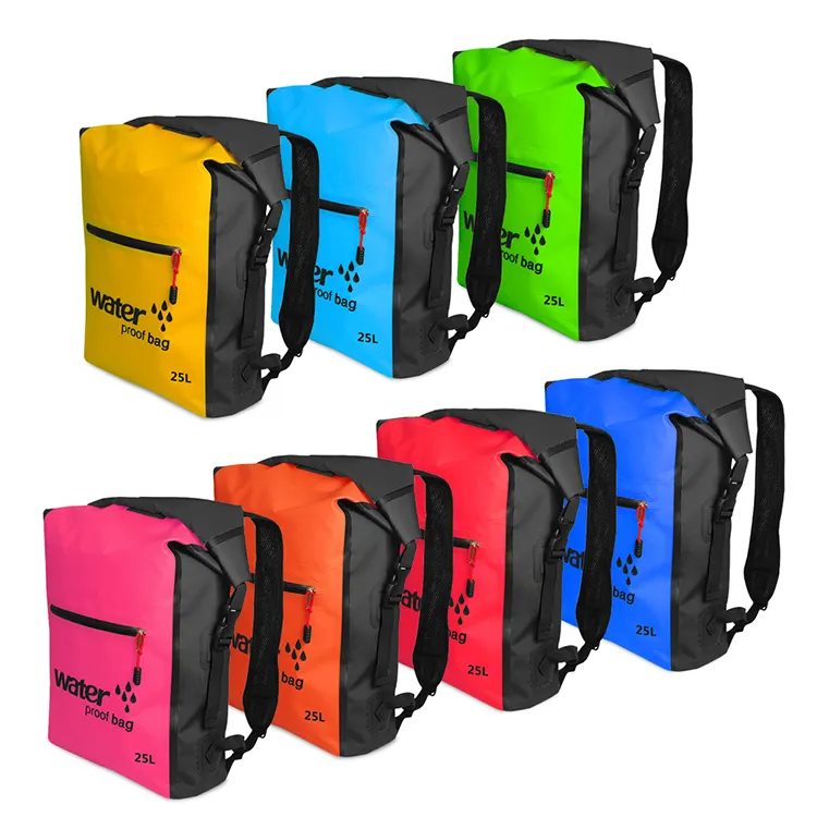 25L Waterproof Water Resistant PVC Outdoor Camping Hiking Beach Swim Bags 500D Folding Top Travel Dry Bag Waterproof Backpack