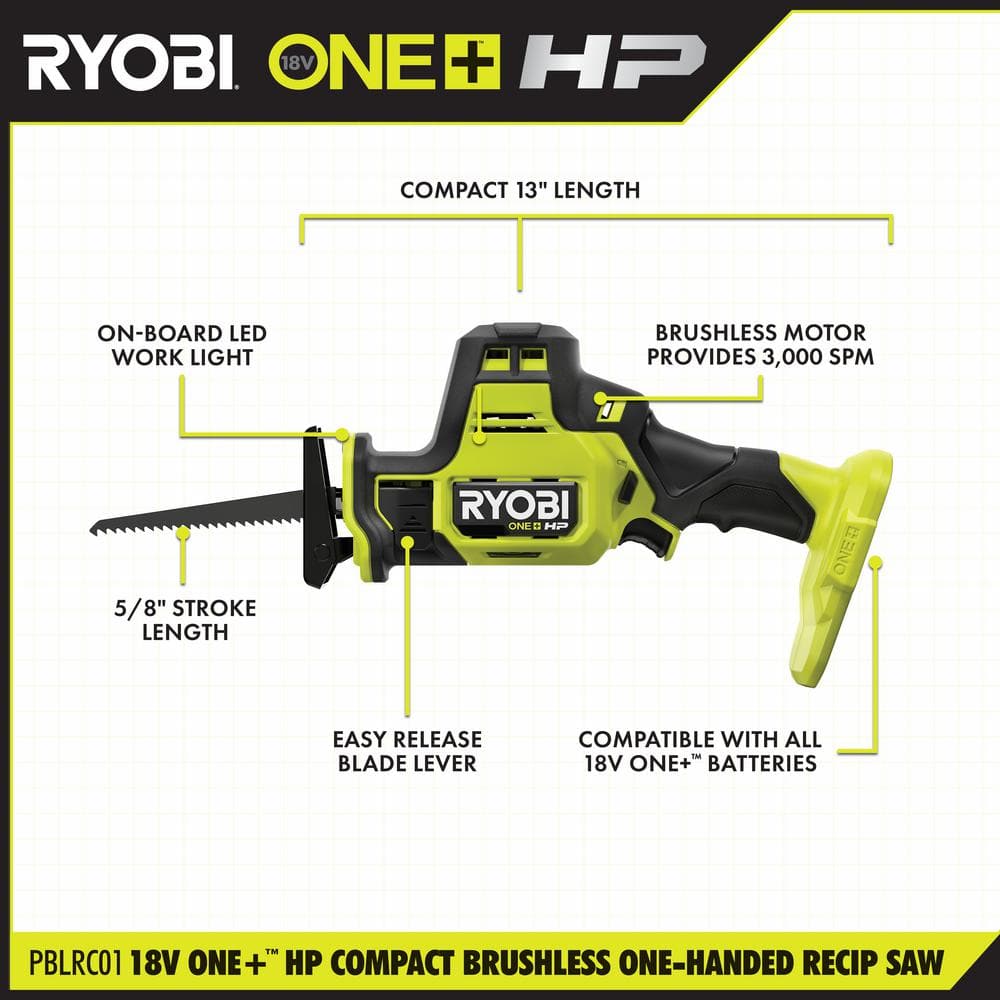 RYOBI ONE+ HP 18V Brushless Cordless Compact One-Handed Reciprocating Saw Kit with 1.5 Ah Battery and 18V Charger PSBRS01K