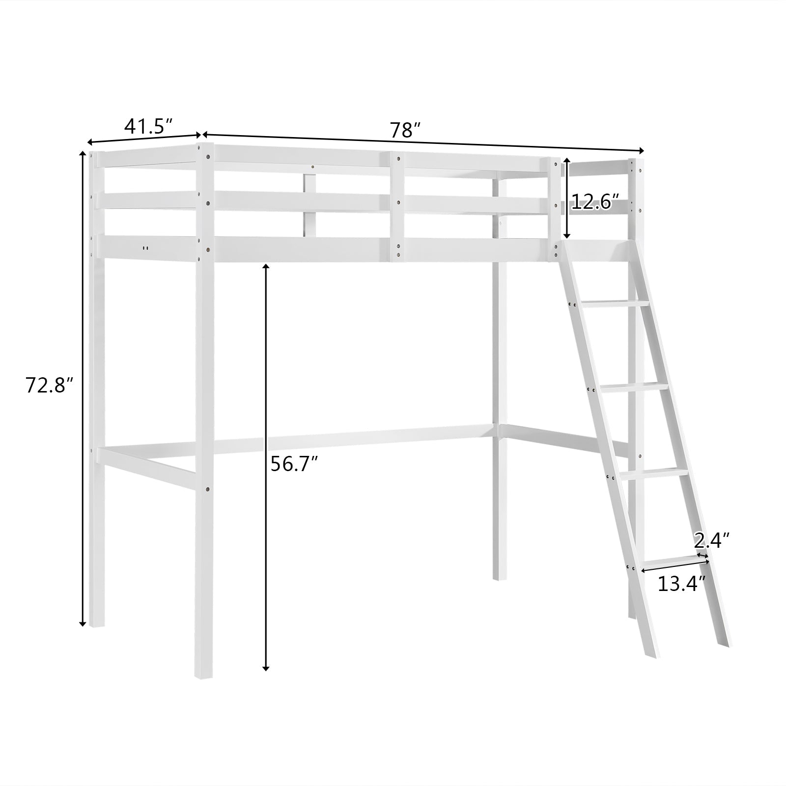 JOYMOR High Loft Bed Frame Twin Solid Wood Bed for Kids, Junior, Teens, White