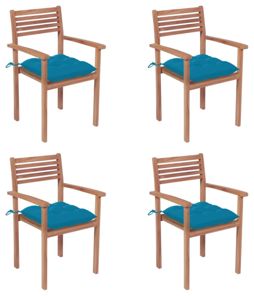 Vidaxl Garden Chairs  Set of 4  With Light Blue Cushions Solid Teak Wood   Contemporary   Outdoor Dining Chairs   by Virventures  Houzz