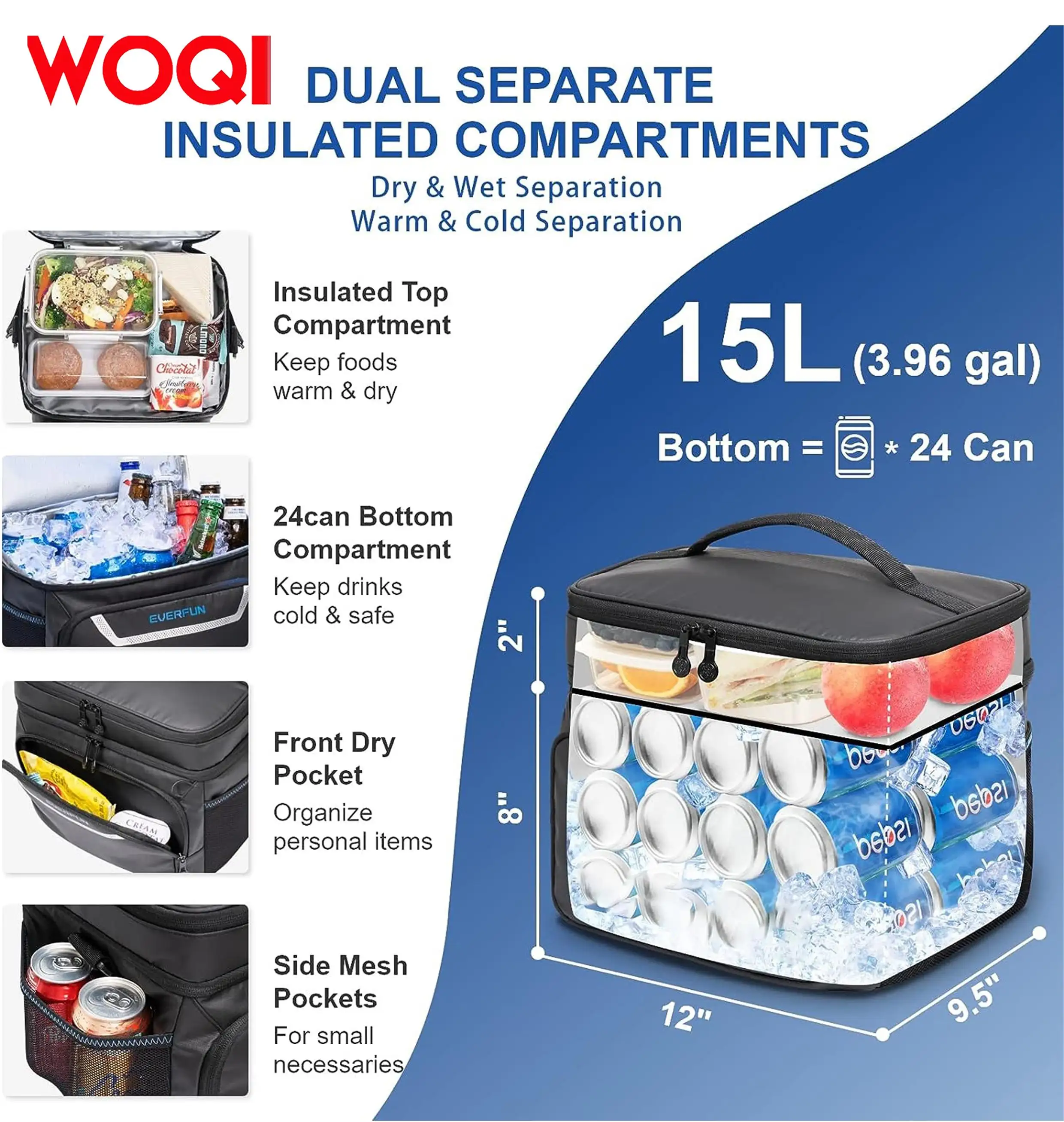 WOQI small refrigerated and insulated box   double compartment  reusable  waterproof  leak proof  travel  work  picnic