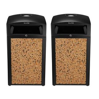 Alpine Industries 40 Gal. Stone Steel All-Weather Stone Panel Outdoor Commercial Trash Can with Ash Tray Lid (2-Pack) 472-40-STO-2PK