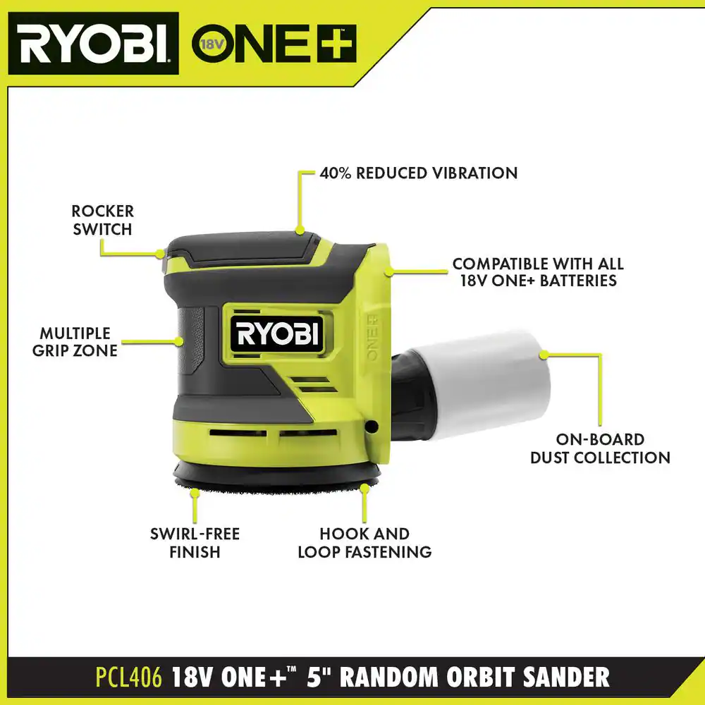 RYOBI PCL406B ONE+ 18V Cordless 5 in. Random Orbit Sander (Tool Only)