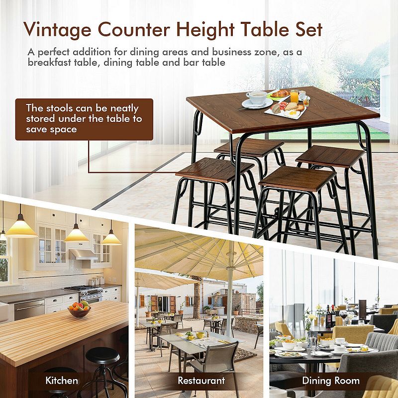 5 Pieces Bar Table Set with 4 Counter Height Backless Stools