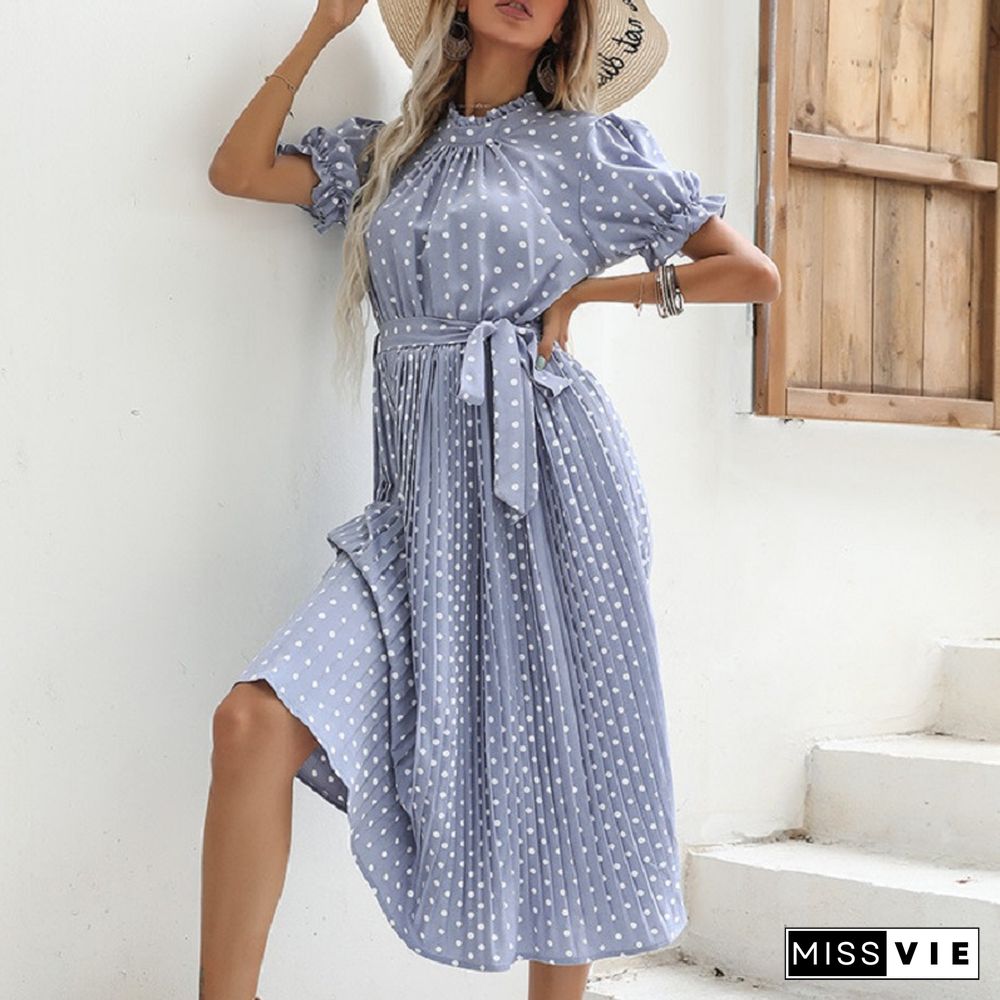 Casual Women Summer Dress Pleated Short Sleeve Dresses New Chic Elegant Fashion Lace-up Polka Dot Flared Sleeve Midi Dress