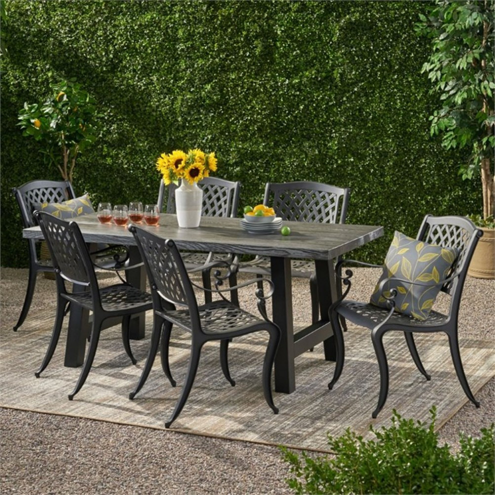 Noble House Dory 7 Piece Concrete Top Patio Dining Set in Natural Gray   Mediterranean   Outdoor Dining Sets   by Homesquare  Houzz