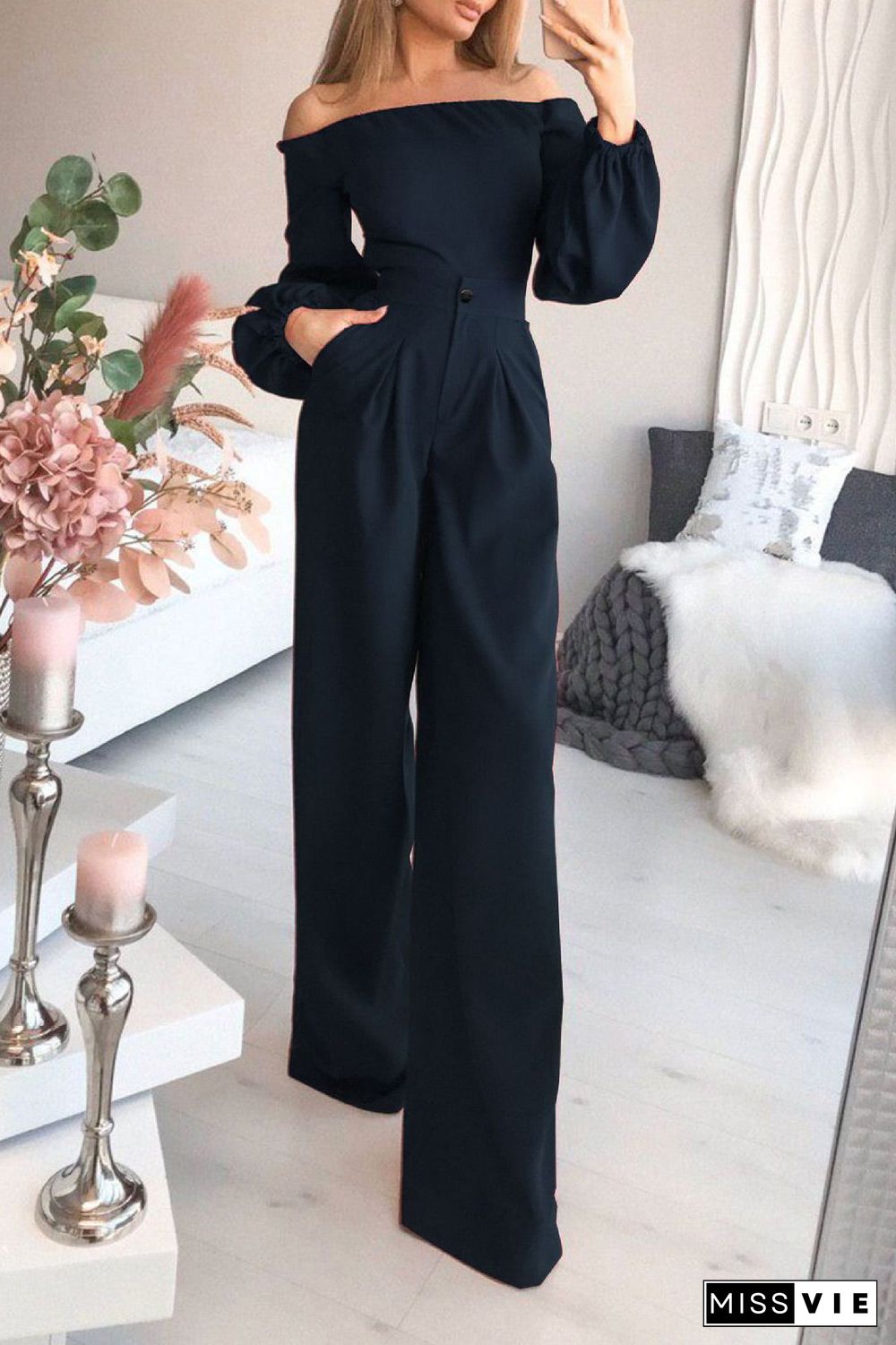 Dark Green Off-the-Shoulder Long Sleeve Jumpsuit