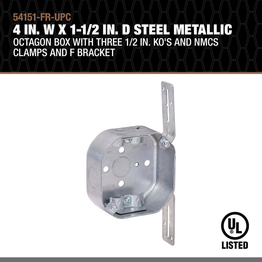 Southwire 4 in. W x 1-12 in. D Steel Metallic Octagon Box with Three 12 in. KO's and NMCS Clamps and F Bracket 1-Pack 54151-FR-UPC