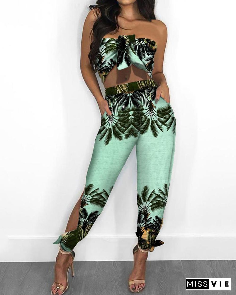 Tropical Print Bandeau Knotted Top & Slit Pants Set