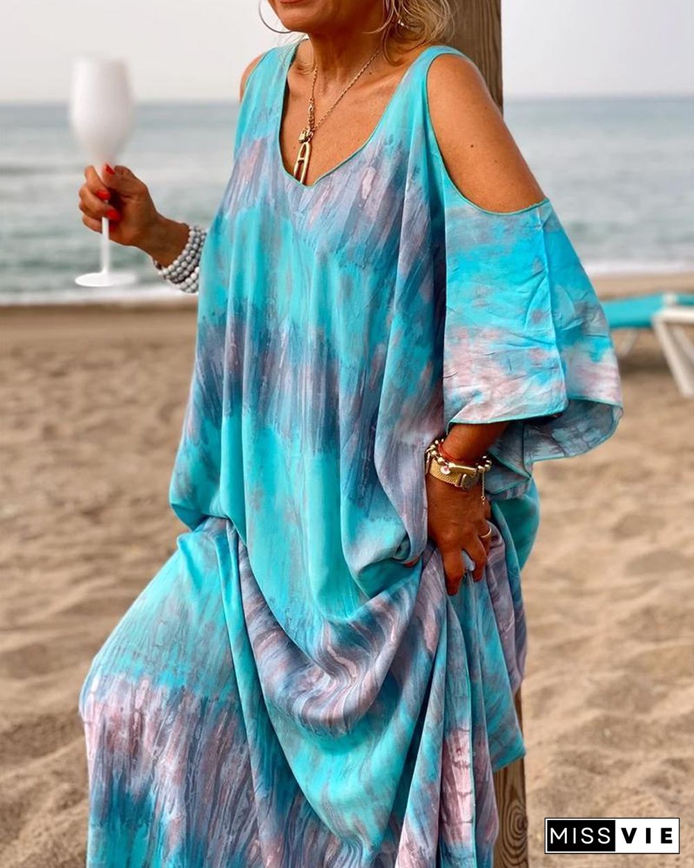 Tie-Dye Print Cold Shoulder Batwing Sleeve Maxi Dress P10008