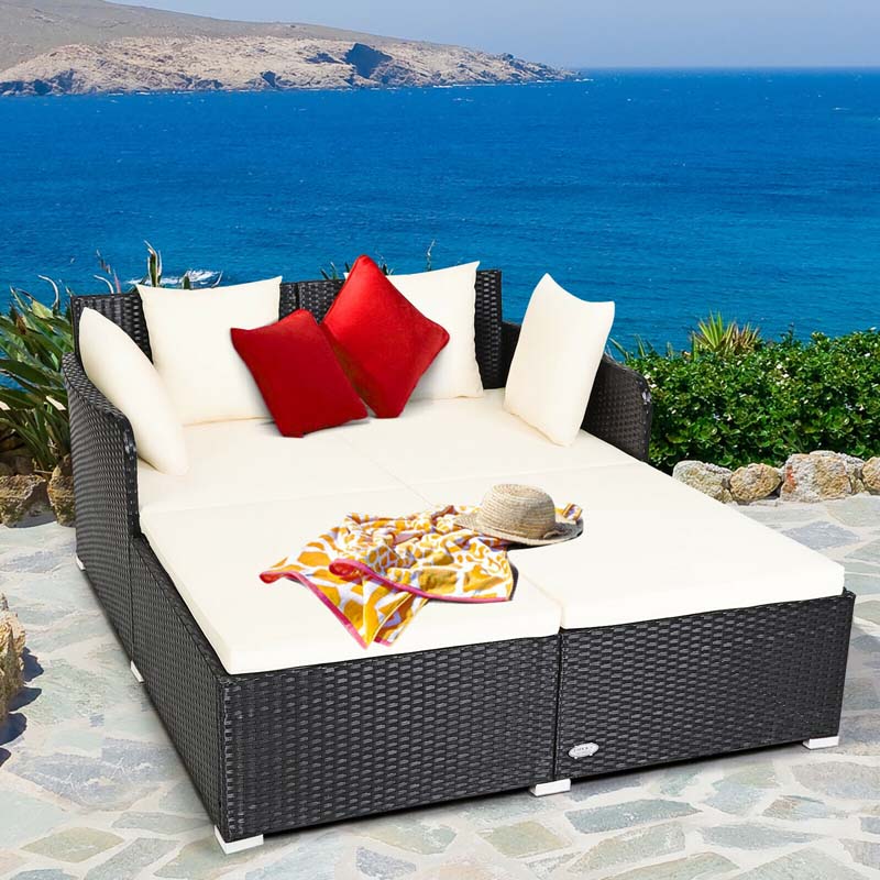 Rattan Wicker Outdoor Daybed Patio Furniture Cushioned Sofa Set with Thick Pillows