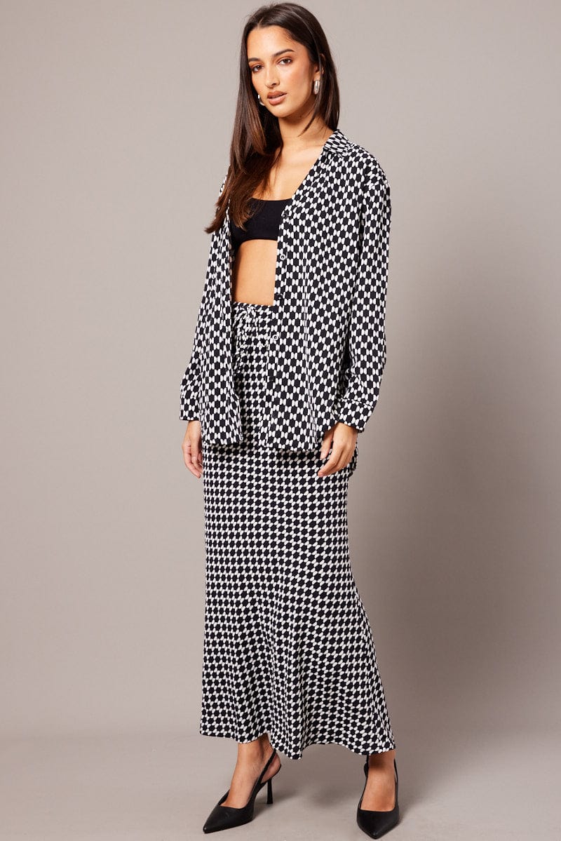Black Geo Slip Skirt Maxi Drawstring Waist