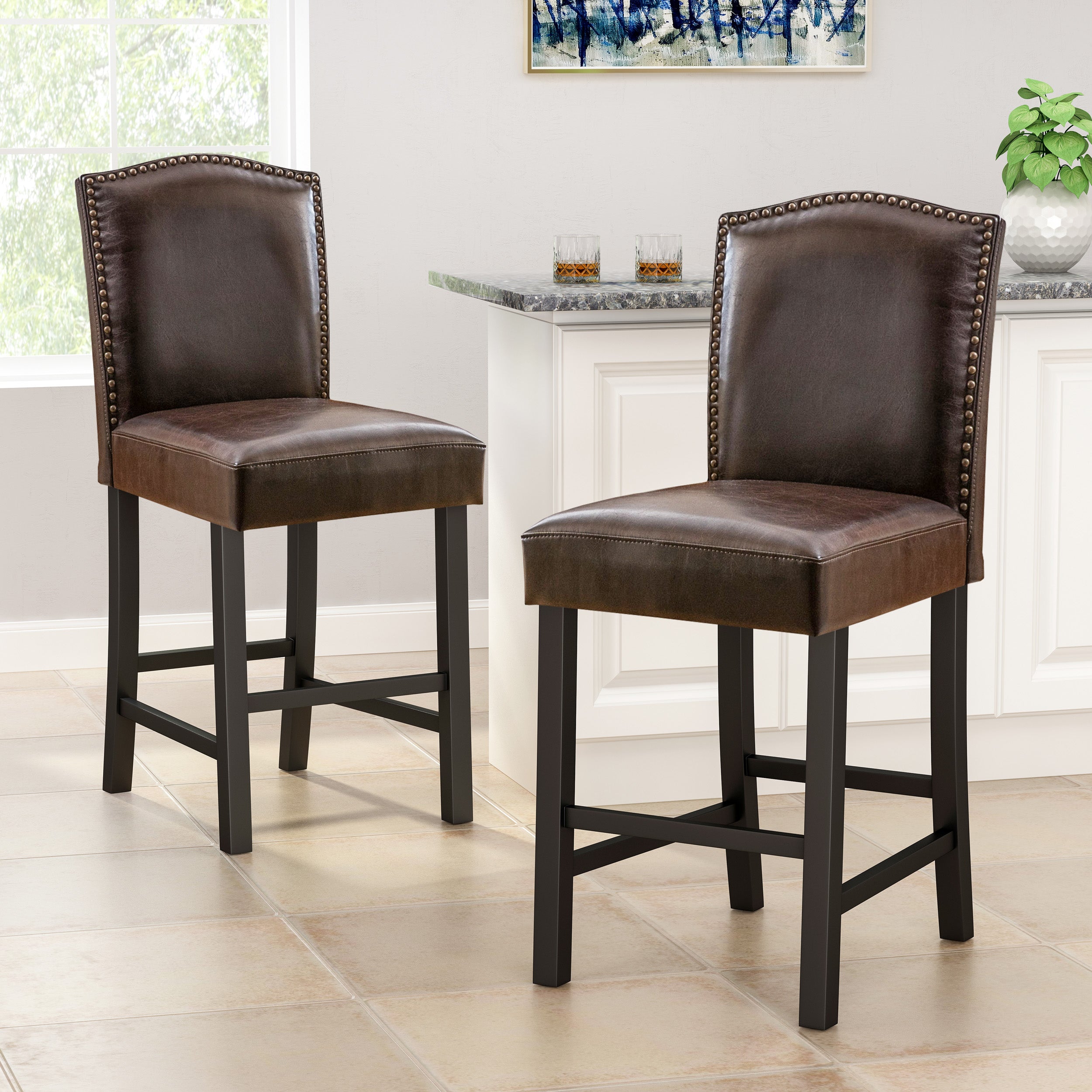 Maksman 27-Inch Brown Leather Counter Stools (Set of 2)