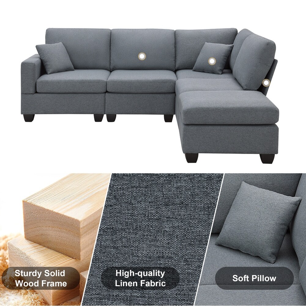 L Shaped Couch Sectional Sofa with Convertible Ottoman   2 Pillows