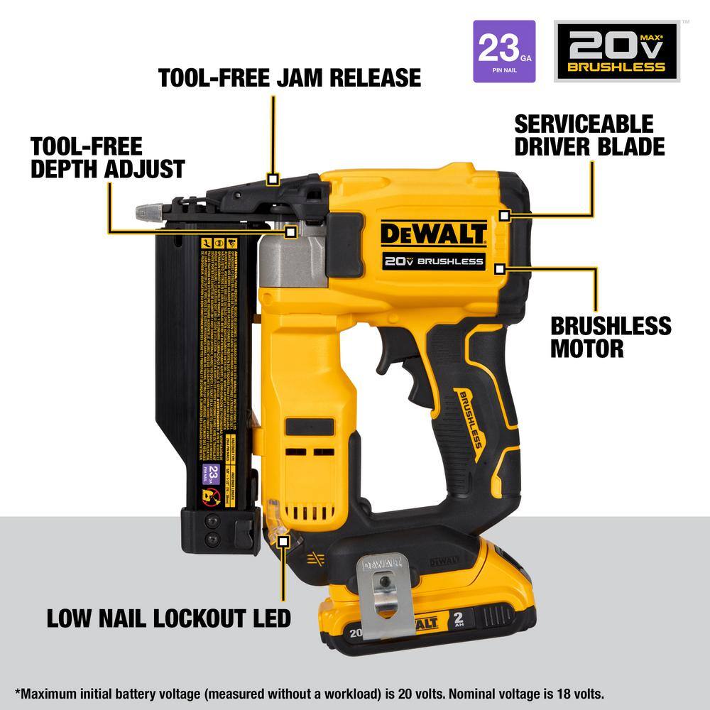 DW ATOMIC 20V MAX Lithium Ion Cordless 23 Gauge Pin Nailer Kit and 1 12 in. x 23 Gauge Pin Nails  2000 Pieces DCN623D1W23150