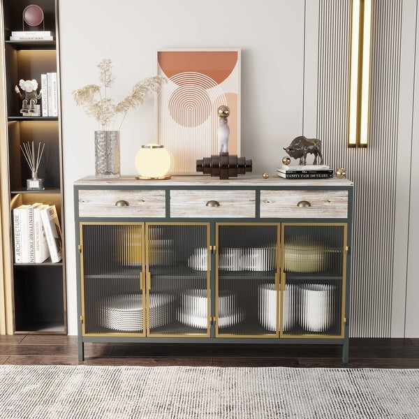 2 Glass Doors Sideboard Storage Cabinet with 3 Top Drawers